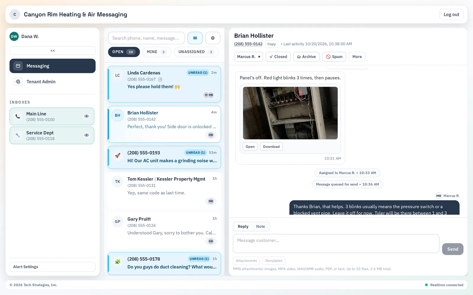 VentureTel Messaging shared inbox in a desktop web browser, with two business number inboxes, a list of open customer conversations, and a customer photo in an open text thread