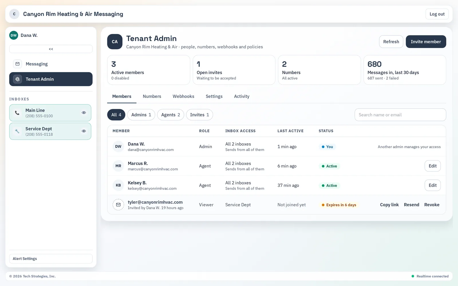VentureTel Messaging Tenant Admin Members tab listing an admin, two agents and a pending invite with each person's role and inbox access