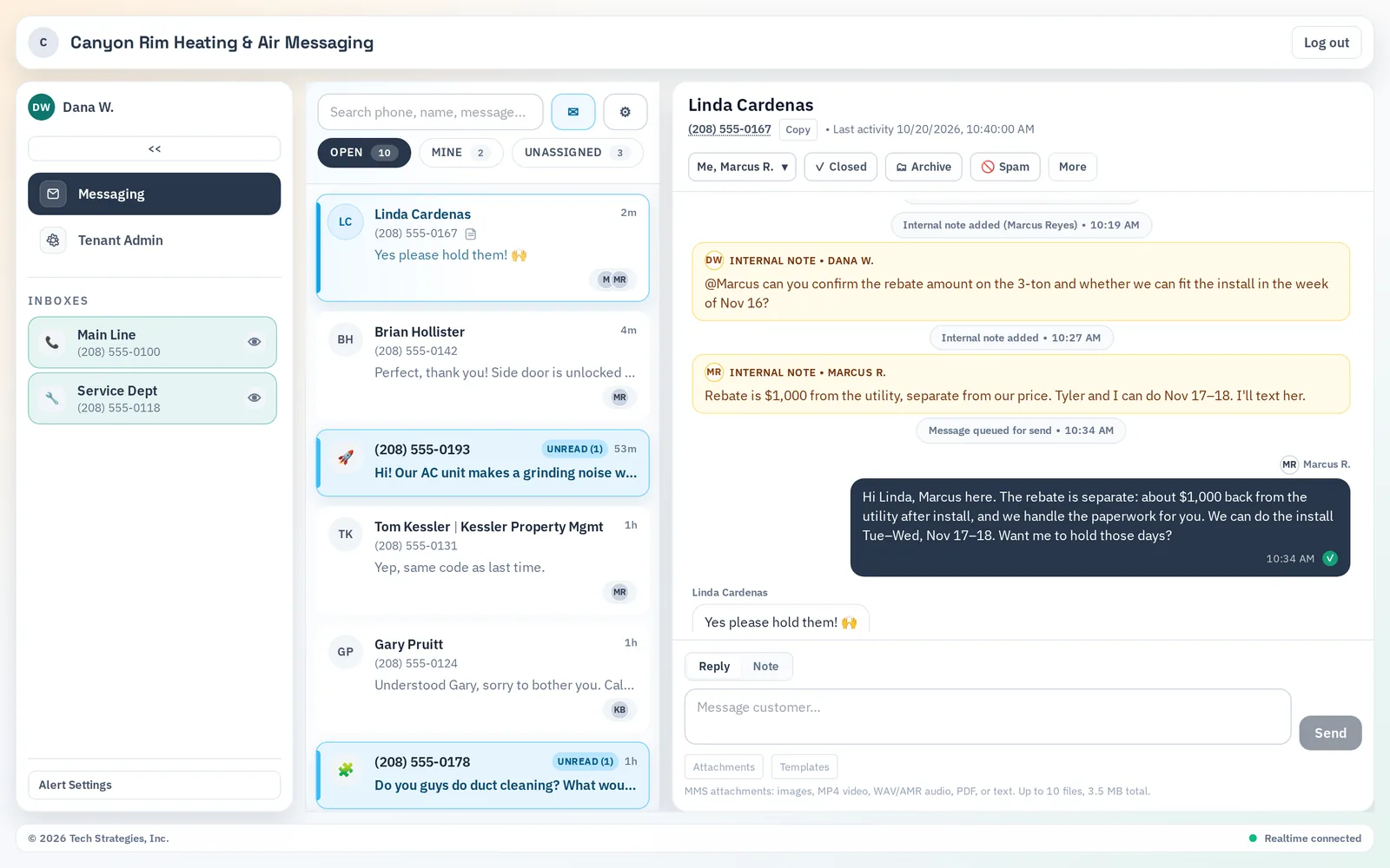 A VentureTel Messaging conversation assigned to two teammates, with two yellow internal notes, one using an @mention to ask a coworker about a rebate, followed by the reply sent to the customer