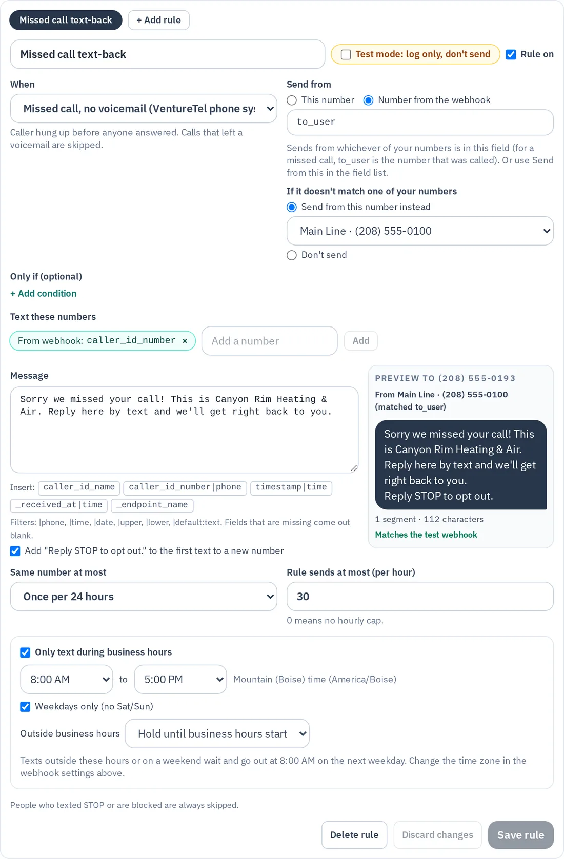 The Missed call text-back rule editor in VentureTel Messaging, showing the Missed call, no voicemail trigger, the message text with insert buttons and a live preview, the Once per 24 hours limit, a 30 per hour cap, and the Only text during business hours setting set to 8 AM to 5 PM on weekdays
