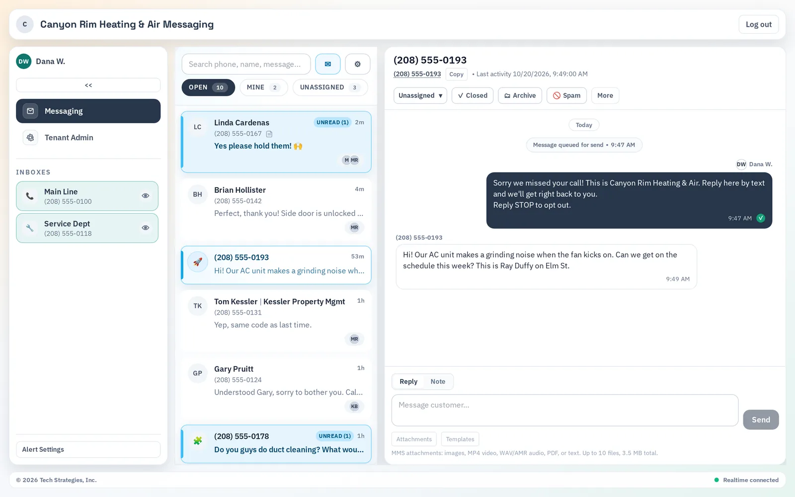 VentureTel Messaging conversation showing an automatic Sorry we missed your call text from a business number and the caller replying by text two minutes later