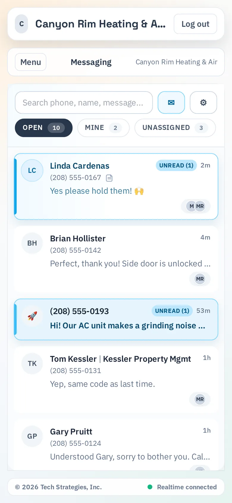 VentureTel Messaging web app on a phone's browser showing the Open, Mine and Unassigned tabs and a list of customer conversations with unread badges